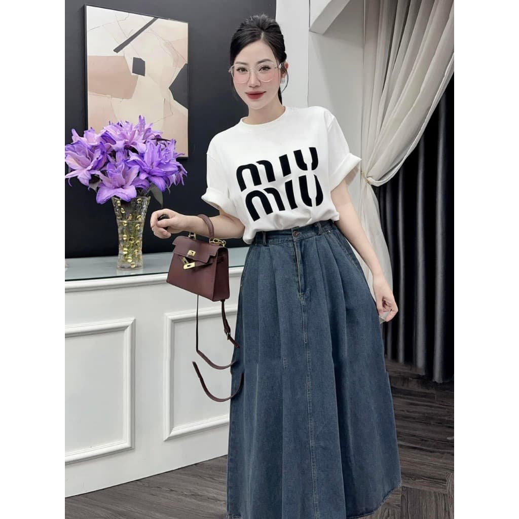 Sét chân váy jean có chun lưng và áo phông miumiu  siêu xinh có bigsize