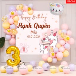 Đồ trang trí sinh nhật, set bóng trang trí tuổi mèo cho bé gái tone hồng dễ thương MEO04 2