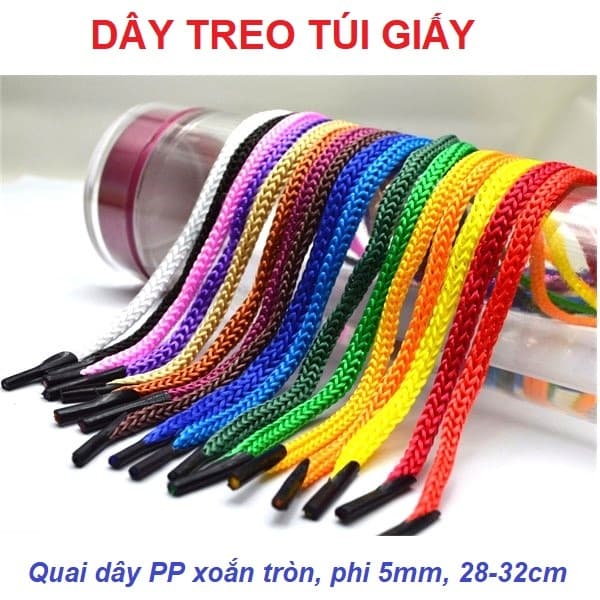 Dây túi giấy, dây quai túi xách Phi 5mm Dài 28-32cm quai dây PP xoắn tròn bấm nhựa 2 đầu màu đỏ, trắng, đen, vàng, xanh