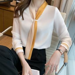 Áo nơ nữ phối màu, A4480 áo nữ công sở thanh lịch, áo nữ công sở full size 40-90kg 1