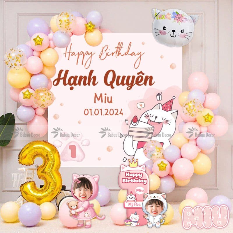 Đồ trang trí sinh nhật, set bóng trang trí tuổi mèo cho bé gái tone hồng dễ thương MEO04