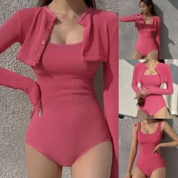 [Hoả Tốc Sẵn] Bộ bơi nữ , bikini liền thân ba lỗ áo khoác dài tay hồng đậm cao cấp QC 1