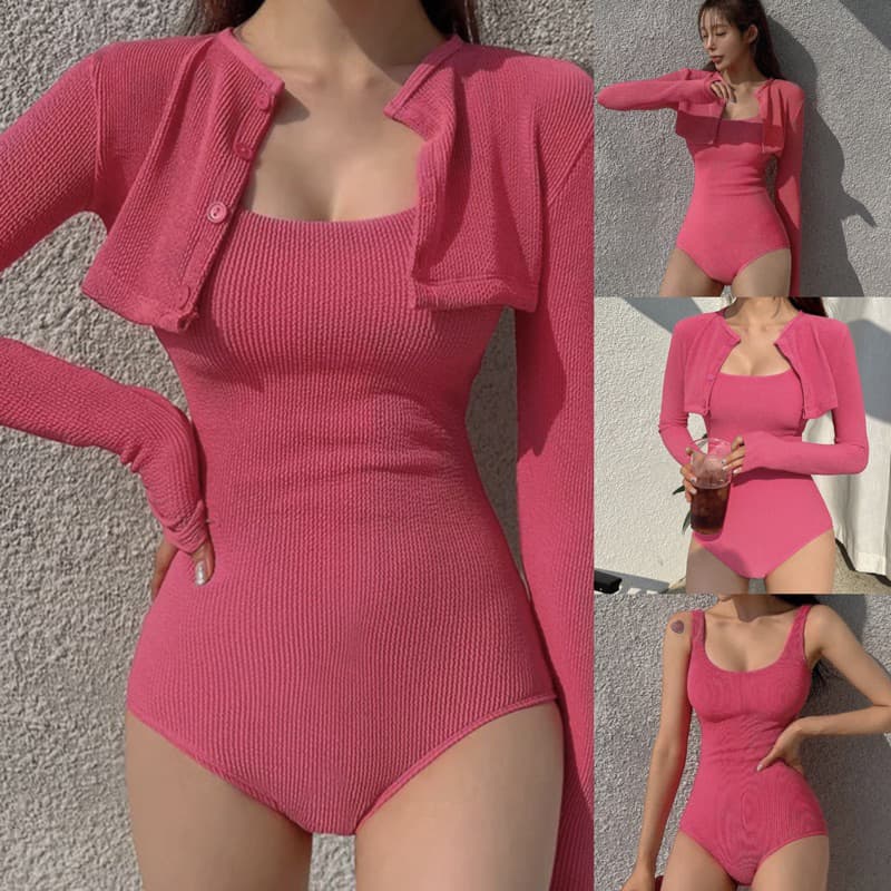 [Hoả Tốc Sẵn] Bộ bơi nữ , bikini liền thân ba lỗ áo khoác dài tay hồng đậm cao cấp QC