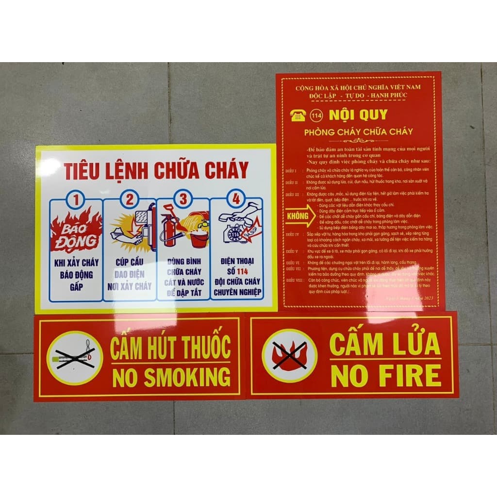 Bộ Nội Quy Tiêu Lệnh PCCC, Nội quy,Tiêu lệnh, cấm lửa, cấm hút thuốc phòng cháy chữa cháy (4 tấm)