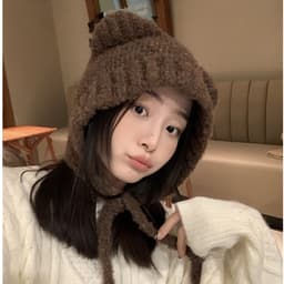 Mũ len tai gấu trùm đầu ấm mùa đông, mũ nón len nữ cute đáng yêu 3