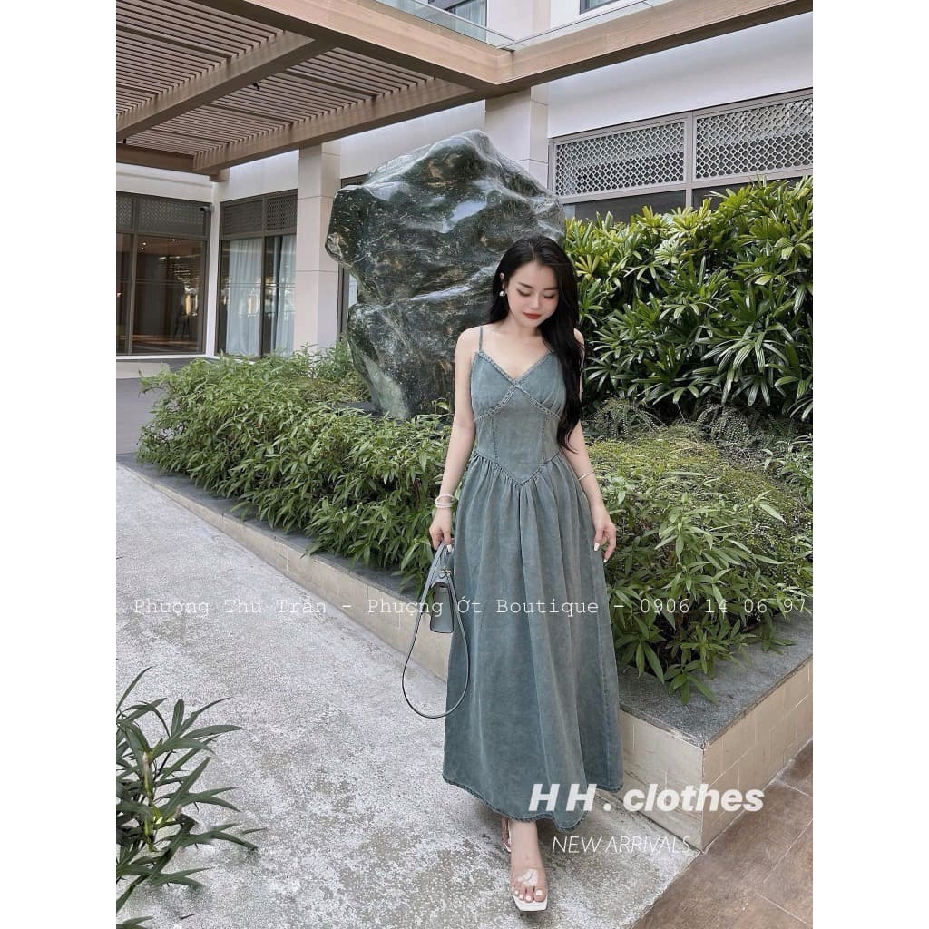 Váy yếm 2 dây nữ bò mềm chun sau dáng xoè, váy jeans phong cách hè hot hit 2024