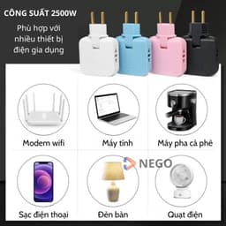 Ổ cắm chia điện 2500W xoay 180 độ 2 phiên bản chân tròn dẹt với màu đen trắng xanh hồng 6
