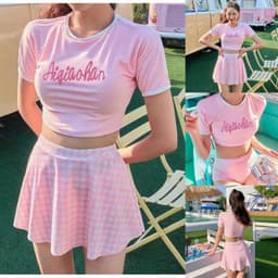 Bikini, đồ bơi nữ ba mảnh crotop chân váy hồng (có sẵn) 1