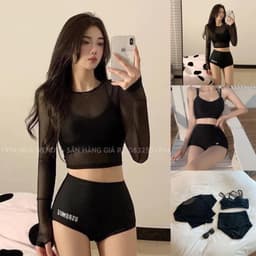 Bộ đồ bơi ba mảnh nữ áo lưới đen dài tay thể thao 1
