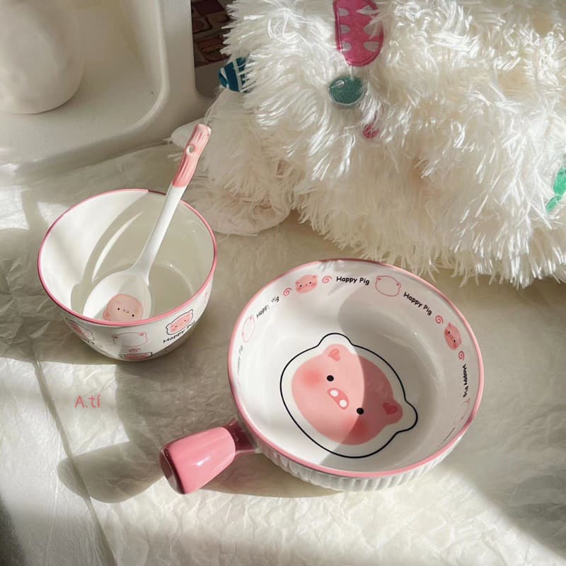 VINBEO Set Bát Sứ 3 Món Hoạ Tiết Lợn Hồng BIN002