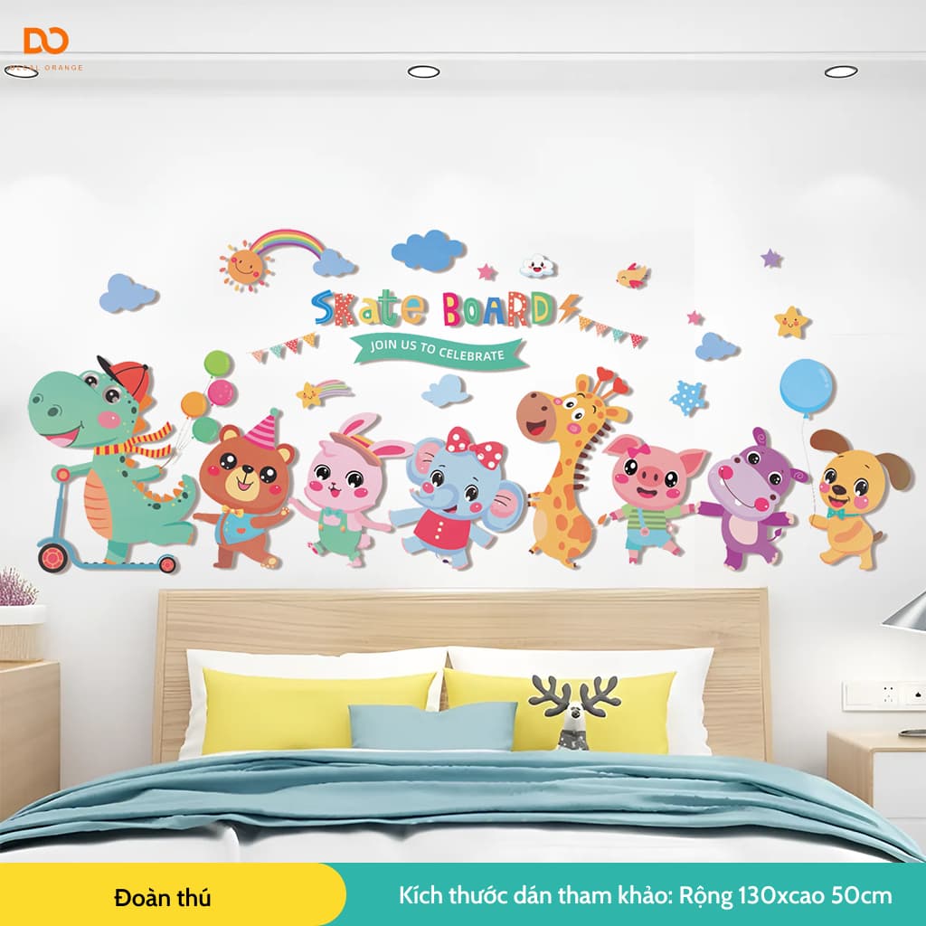 Decal dán tường cho bé Orange đoàn thú decor phòng ngủ, tủ quần áo cho bé, dán chi tiết rời