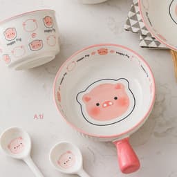 VINBEO Set Bát Sứ 3 Món Hoạ Tiết Lợn Hồng BIN002 5