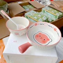 VINBEO Set Bát Sứ 3 Món Hoạ Tiết Lợn Hồng BIN002 6