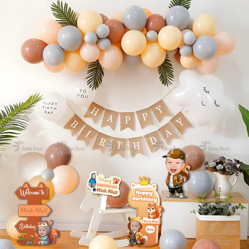 Set bóng trang trí sinh nhật kèm combo chibi chủ đề sóc nâu theo phong cách Hàn Quốc cho bé HQ34
