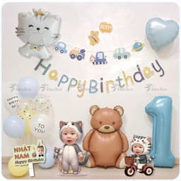 Set bóng trang trí sinh nhật chủ đề mèo tone màu pastel kèm in ảnh chibi cho bé trai và bé gái BOY05 Babuu Decor 1
