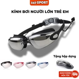 Kính bơi tráng gương trẻ em người lớn Tặng Hộp cao cấp cận thị mũ bơi silicon nam nữ đi biển mùa hè 1