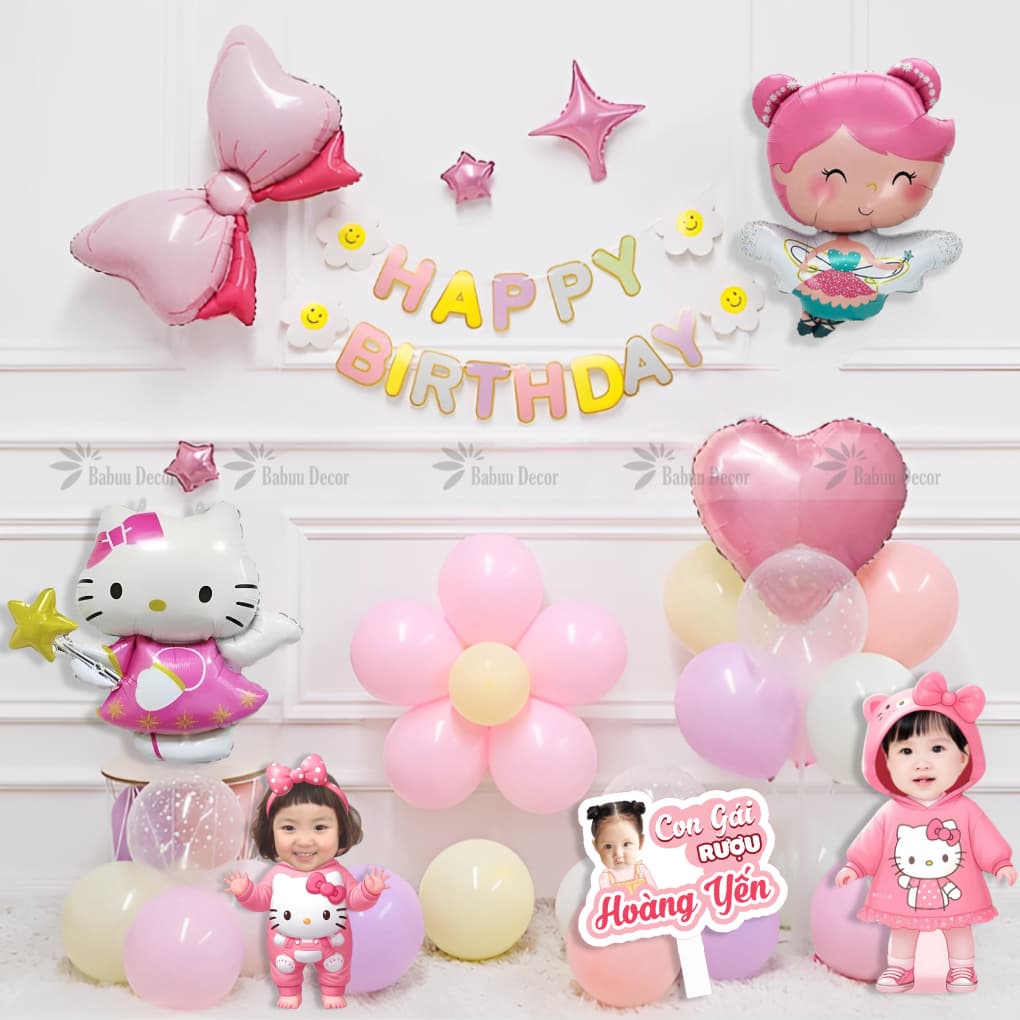 Set bóng trang trí sinh nhật chủ đề mèo Hello kitty màu hồng cho bé gái KIT13 Babuu Decor