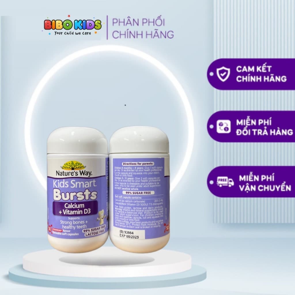 (Bibokids2) Canxi + D3 cho bé Nature's Way Kids Smart Bursts Calcium + Vitamin D3 hộp 50 viên.