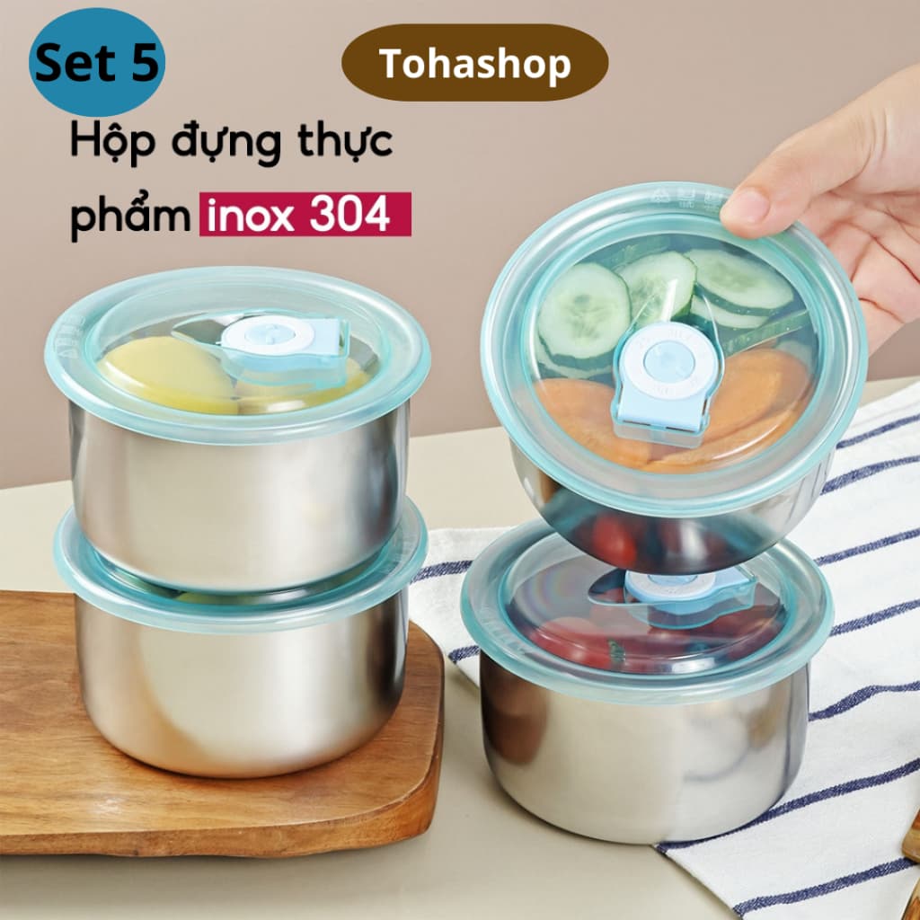 Set 5 hộp inox đựng thực phẩm giữ nhiệt, Khay inox tròn,chữ nhật, Hộp nhựa đựng thực phẩm có nắp đậy
