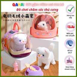 Đồ chơi chăm sóc thú cưng, lồng thỏ bông, mèo bông, chó bông biết đi kêu, vẫy đuôi kèm phụ kiện, ba lô chó bông 6