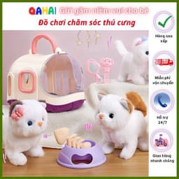 Đồ chơi chăm sóc thú cưng, lồng thỏ bông, mèo bông, chó bông biết đi kêu, vẫy đuôi kèm phụ kiện, ba lô chó bông 5