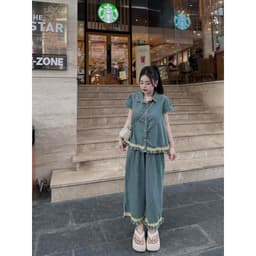 Set jeans phối ren gấu, set bò dáng xuông có bigsize 1