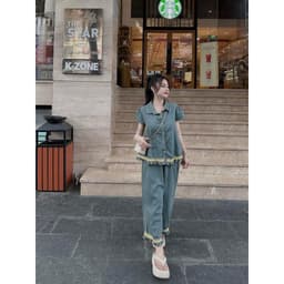 Set jeans phối ren gấu, set bò dáng xuông có bigsize 2
