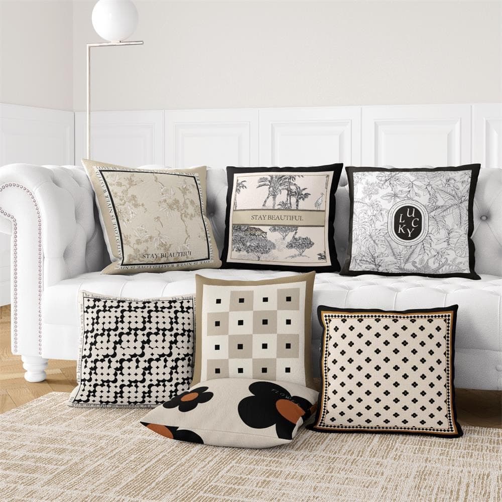 Gối tựa lưng sofa, phòng khách họa tiết LUCKY ĐEN TRẮNG chất liệu nhung lông đào kích thước 45x45cm
