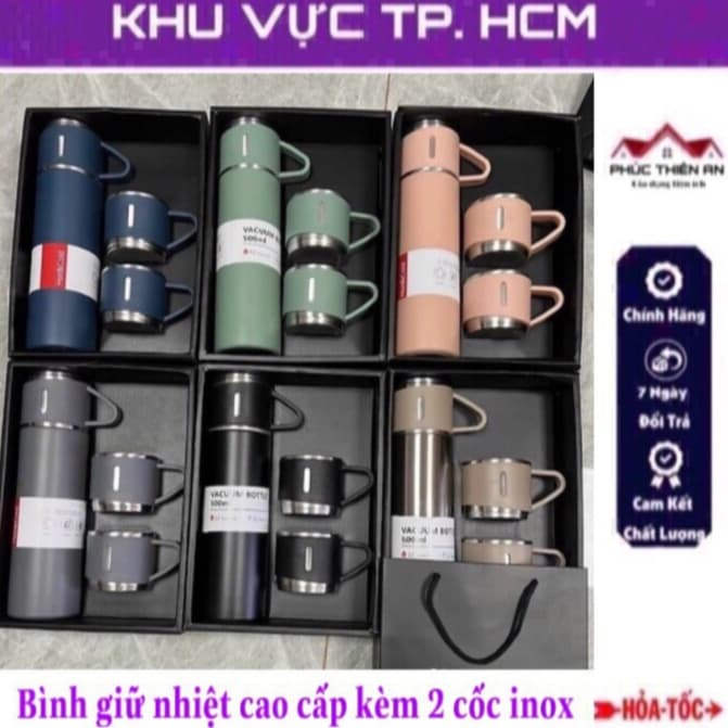 Bình giữ nhiệt 500ml và 3 ly cốc, chất liệu inox siêu bền - tặng kèm hộp đựng