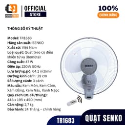 Quạt treo tường điều khiển từ xa Senko TR1683 có remote, hẹn giờ tắt chính hãng bảo hành 24 tháng 4