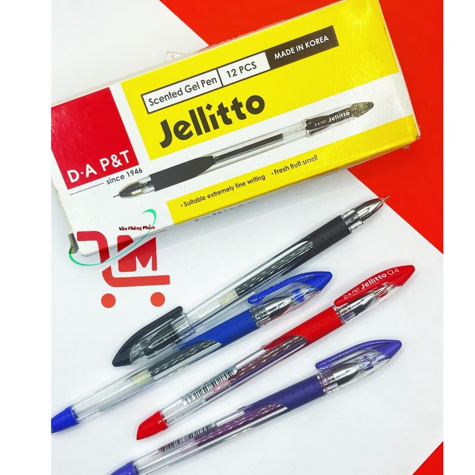 Hộp 12 Cây Bút Gel Học Sinh D.A P&T Jellitto Ngòi 0.4mm Mực Xanh, Tím, Đỏ, Đen, Chất Lượng Cao, Chính Hãng Hàn Quốc