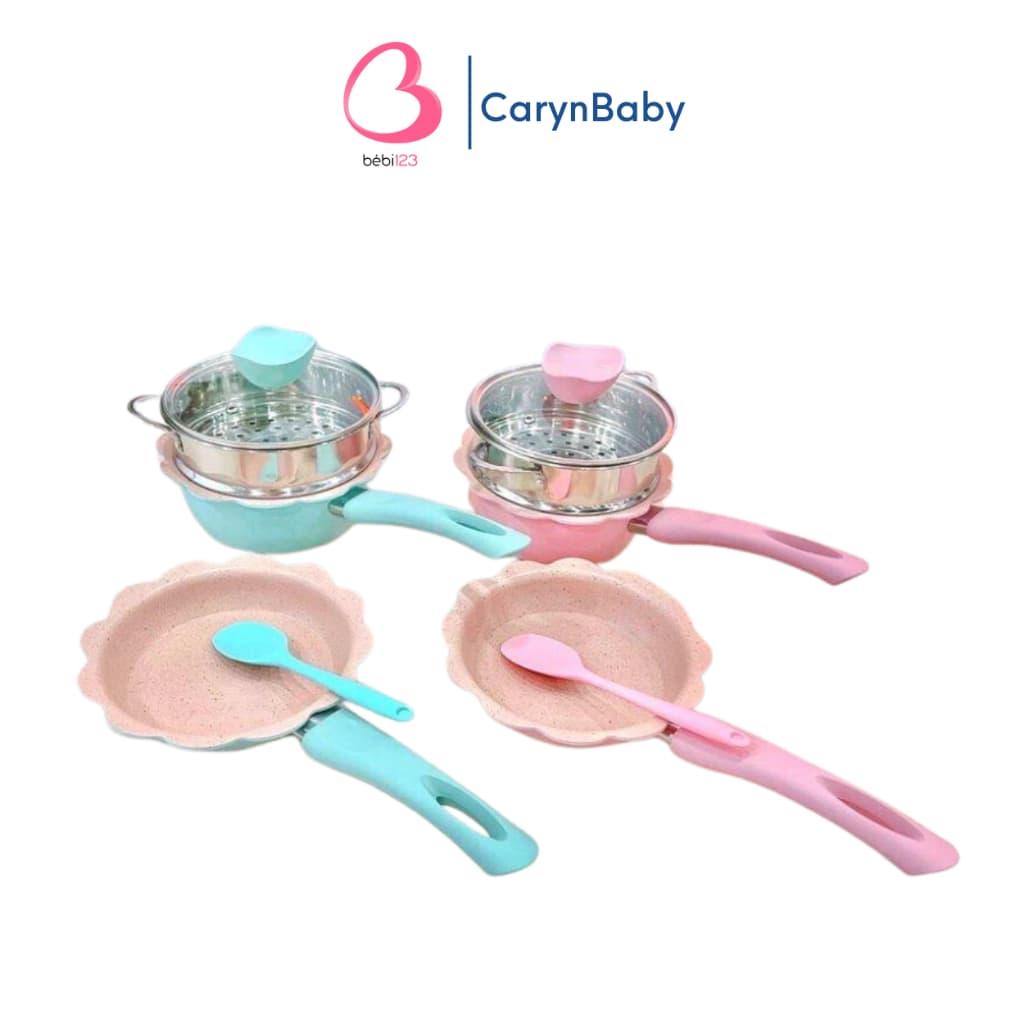 Bộ nồi chảo hoa đá kèm xửng hấp nấu đồ ăn dặm, men đá chống dính cao cấp cho bé