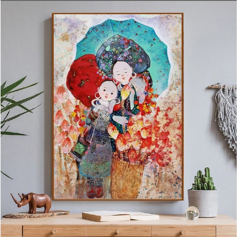 Tranh canvas treo tường em bé Tây Bắc đáng yêu 60 x 90 cm