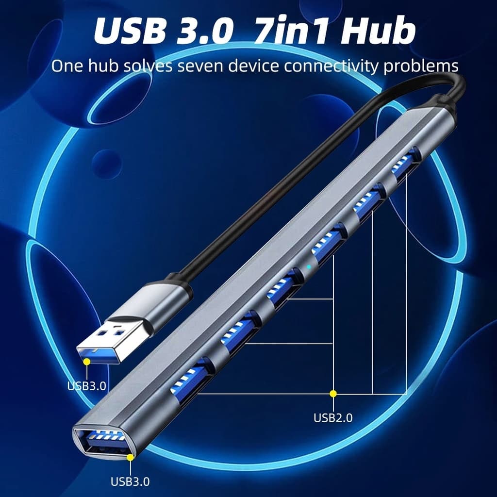 Hub USB 3.0 7 Cổng 5Gbps hợp kim nhôm – Chia Cổng USB Cho Máy Tính