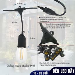 Dây đuôi đèn LED ngoài trời chống nước 10m 15 đuôi 10m 20 đuôi kèm bóng kín nước 3W trang trí tùy chọn 7