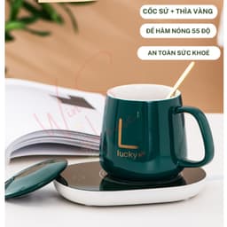 (ComBo) Bộ Hâm Nóng đồ uống đế điện, Bộ ly sứ hâm nóng trà, cafe, hâm sữa + Tặng thìa vàng 8