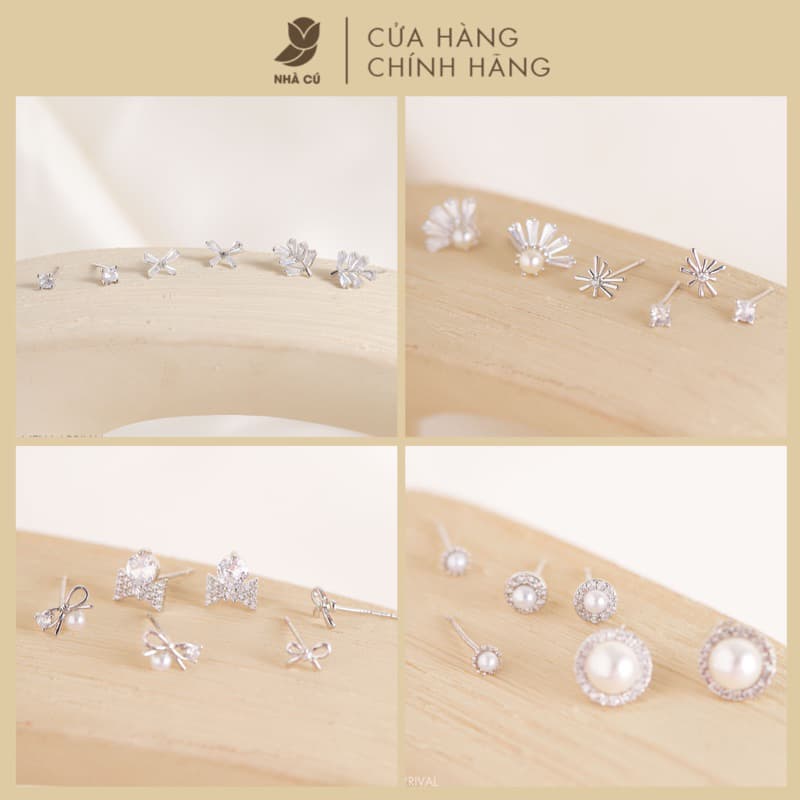 Bông Tai Nữ Đá Zircon Cz 5A Hình Nơ, Hình Lá NHÀ CÚ Cây Xỏ Bạc 925 Màu Bạc Dễ Thương 17739
