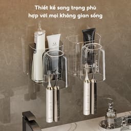 Kệ để bàn chải kem đánh răng kèm cốc dán tường JYoohome Bộ cốc giá để bàn chải trong suốt Acrylic 4