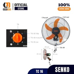 Quạt treo tường 2 dây Senko TC16 5 cánh cam thân đen công xuất 47W gió mạnh bảo hành 24 tháng 4