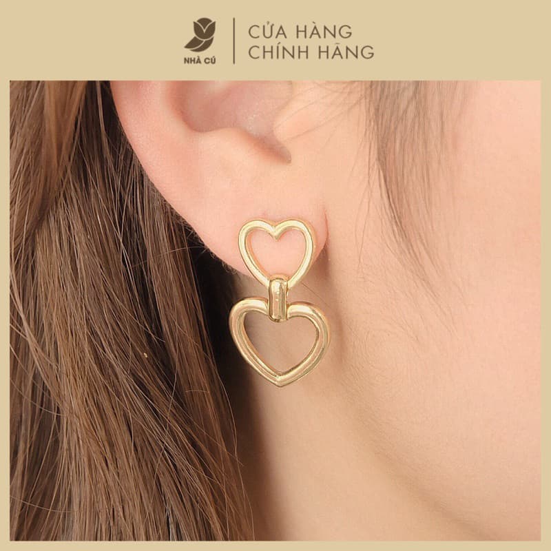 Bông Tai Nữ Cây Xỏ Bạc 925 NHÀ CÚ Hình Hai Trái Tim Màu Vàng Trơn Phụ Kiện Khuyên Tai Đơn Giản Cá Tính 18198