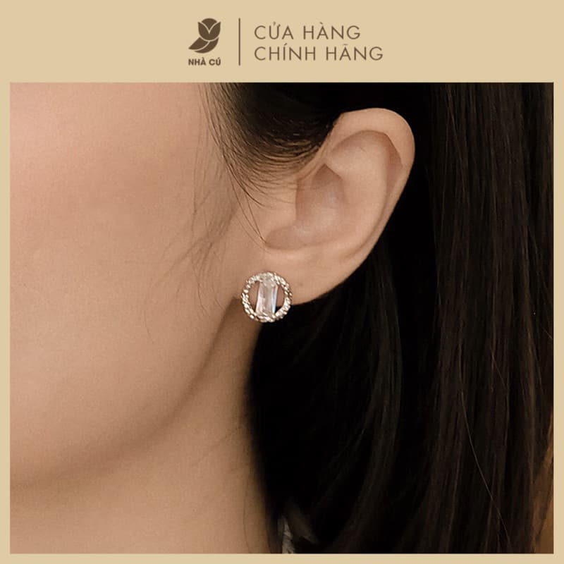 Bông Tai Nữ Cây Xỏ Bạc 925 NHÀ CÚ Mặt Khối Đá Hình Vuông Màu Bạc 18297