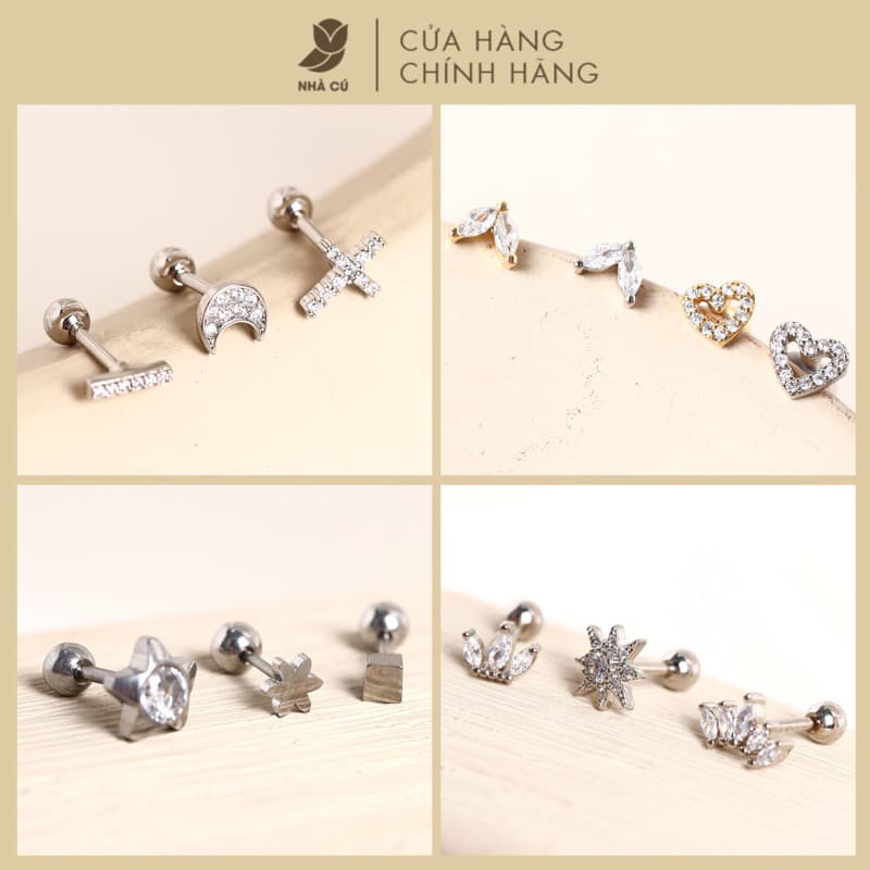(Một Chiếc) Bông Tai Nữ Thép Y Tế Titan Đính Đá Zircon Cz 5A Không Đen Gỉ NHÀ CÚ Hình Sao, Tim, Vương Miện, Thánh Giá