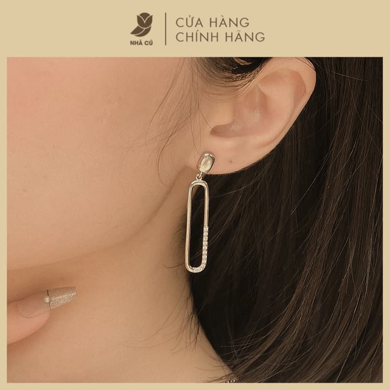 Bông Tai Cây Xỏ Bạc 925 NHÀ CÚ Hình Chữ Nhật Đính Đá Zircon Cz 5A Bo Góc Sang Trọng Phong Cách Hàn Quốc 18282