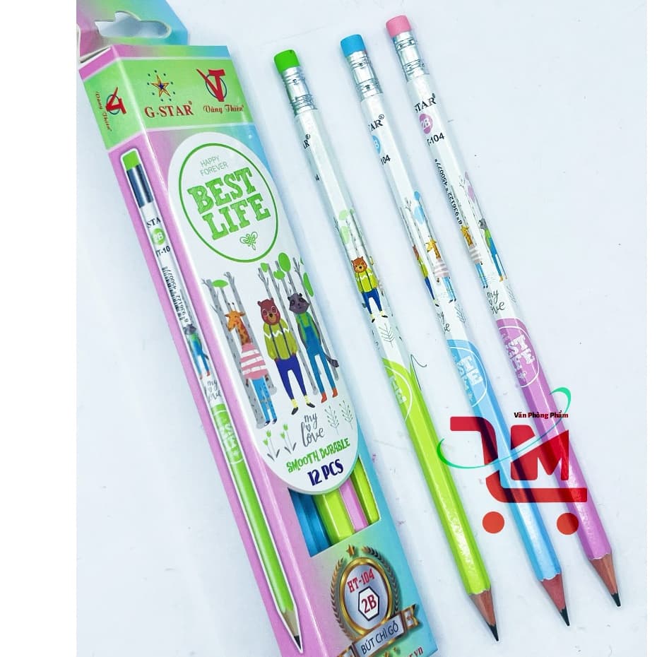 Hộp 12 Cây Viết Chì Đen HT104 2B GSTAR / Bút Chì Chuốt Gỗ Đen Có Gôm GSTAR, Hoạ Tiết Gấu Cho Bé