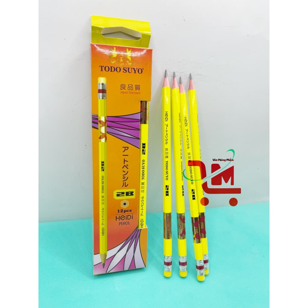 Hộp 12 Cây Viết Chì Gỗ HEIDI 2B Todo Suyo Tiêu Chuẩn Nhật Bản, 1 Đầu Viết, 1 Đầu Gôm, Vỏ Vàng Dạ Quang, Chất Lượng Tốt
