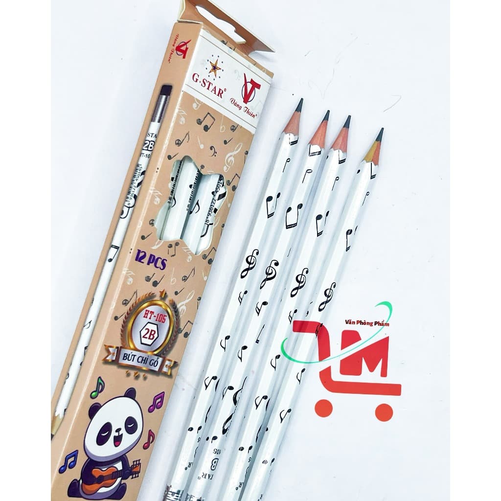 Hộp 12 Cây Viết Chì Đen HT105 2B GSTAR / Bút Chì Chuốt Gỗ Đen Có Gôm GSTAR, Hoạ Tiết Nốt Nhạc, Gấu Trúc
