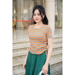 Áo phông nữ họa tiết kẻ sọc ngang phối nhún sườn chất cotton co giãn mềm mịn Evalover AP2024224 7
