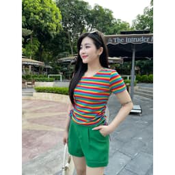 Áo phông nữ họa tiết kẻ sọc ngang phối nhún sườn chất cotton co giãn mềm mịn Evalover AP2024224 3