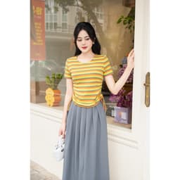 Áo phông nữ họa tiết kẻ sọc ngang phối nhún sườn chất cotton co giãn mềm mịn Evalover AP2024224 8