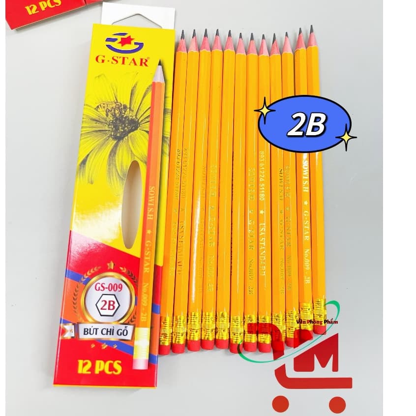Hộp 12 Cây Bút Chì Gỗ Chuốt G-STAR GS-009 2B, Vỏ Chì Màu Vàng, Có Gôm Tẩy Đỏ, Nỗi Bật, Chất Lượng Tốt